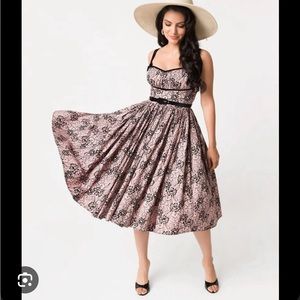 Micheline Pitt for Unique Vintage Peach and Black Lace Print Alice Swing Dress